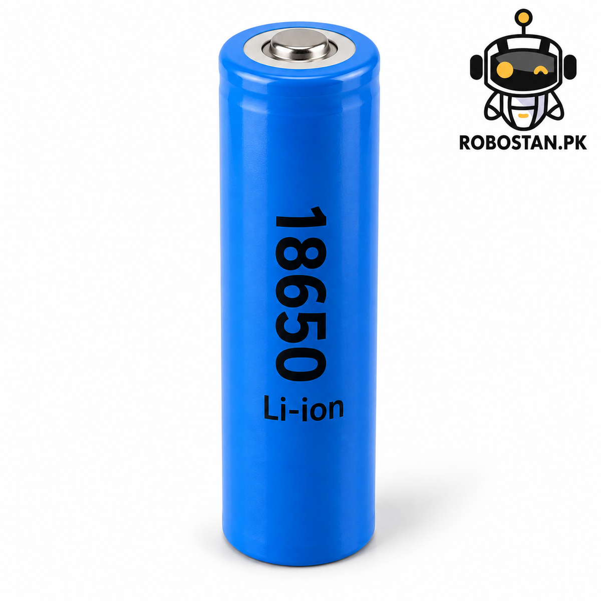 Illustrative 18650 lithium-ion cell with Robostan.pk logo